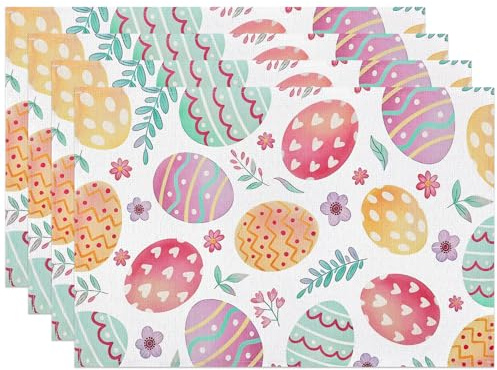 fanquare Leinen Ostern Platzsets Abwaschbar 4er Set,45x30cm Stoff Geflochten Tischsets mit Ostereier und Blumen,Platzdeckchen für Küche Party Esszimmerdeko