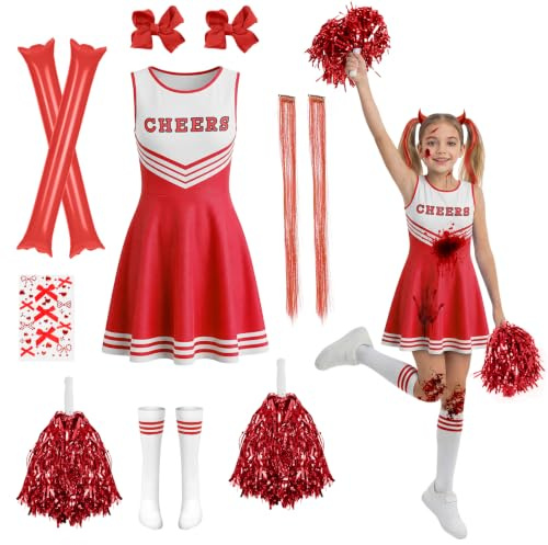 AYBUY Kids Cheerleader Costume, Cheerleader Outfit for Girls 8-12 Years | Girl's Cheerleading Uniform, with Pom Poms, Stockings, Cheering Sticks, for World Book Day Halloween Carnival Cosplay