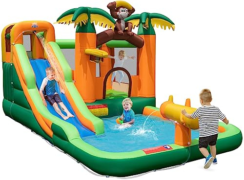 COSTWAY Inflatable Water Park with Slide, Water Cannon, Climbing Wall and Splashing Pool, Kids Bouncy Castle Jumper House for Summer Outdoor Play, 460 x 285 x 230cm (without 50 Ocean Balls)