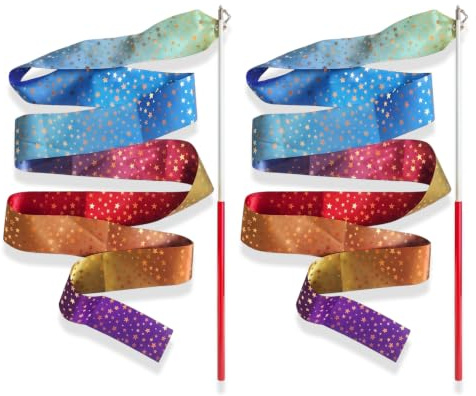 2 Stück Tanzband Kinder 2m Rhythmische Sportgymnastik Band mit Stab, Goldstern Farbverlauf Gymnastikband für Mädchen, Turnen Zubehör für Künstlerischen Tanz und Akrobatik, 30cm Stab
