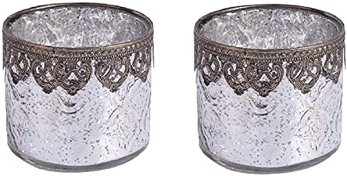 Jinfa Lot de 2 Bougeoirs Porte Bougies Chauffe Plat Decoration Verre Photophore | Modèle cylindrique | Argent Précieux | Ø 10cm, h 9cm
