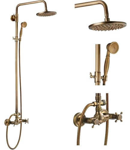 gotonovo Exposed Bathroom Shower Faucet Set Shower Fixture 8 Inch Rainfall Shower Head Handheld Shower Cross Handle Wall Mount 2 Functions Antique Brass