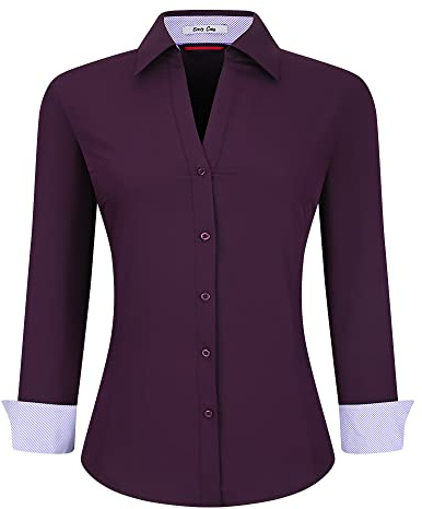 Alex Vando Chemise Femme Coupe Classique Manches Longues Chemise de Travail Extensible | UPF30+, facile d'entretien, lisse et doux au toucher, confortable, col en V, excellente chute, contraste sur l'intérieur du