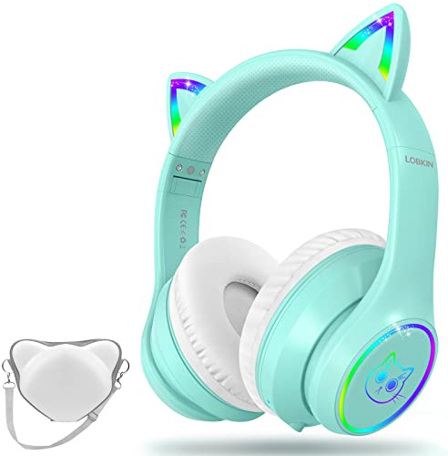 LOBKIN Casque Enfant, Casque Bluetooth Chat Enfant avec Sac, sans Fil et Filaire, Casque Musique Fille Pliable Réglable pour École, Voyage