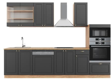 Vicco Küchenzeile Fame-Line, Anthrazit Landhaus/Goldkraft Eiche, 300 cm | 8 Module · Höhenverstellbare Füße · Ohne Arbeitsplatte · MDF-Fronten · Softclose · Metallgriffe