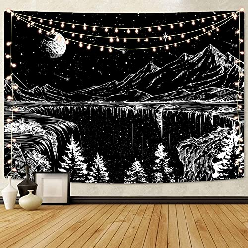 Simpkeely Black and White Tapestry Starry Night Tapestry Mountain Moon Stars Wall Hanging Tapestries for Bedroom Living Room - 130cm x 150cm
