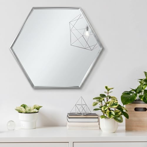 PHOTOLINI Badezimmer Spiegel sechseckig Silber 50 cm mit Metallrahmen, Bad Spiegel Hexagon, Silberner Wandspiegel zum Aufhängen, Dekoratives Highlight für Flur, Garderobe und Gäste WC