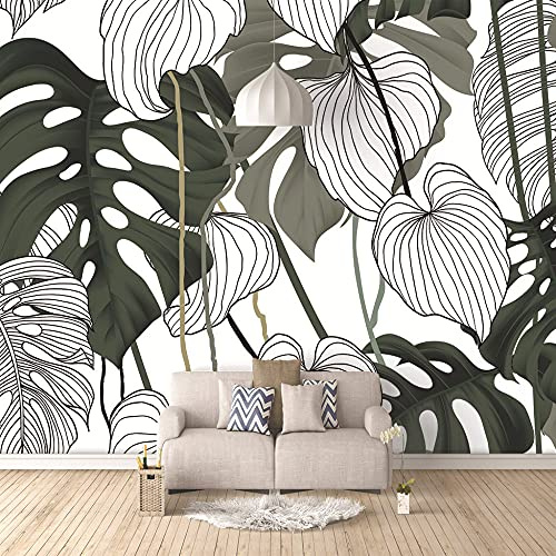 Peel And Stick Wallpaper,Modern Black White Line Monstera Leaf Plant Print Large Self-Adhesive Wallpaper Peel And Stick Detachable Contact Paper Mural Vinyl Suitable For Decorative Bedroom Living Ro