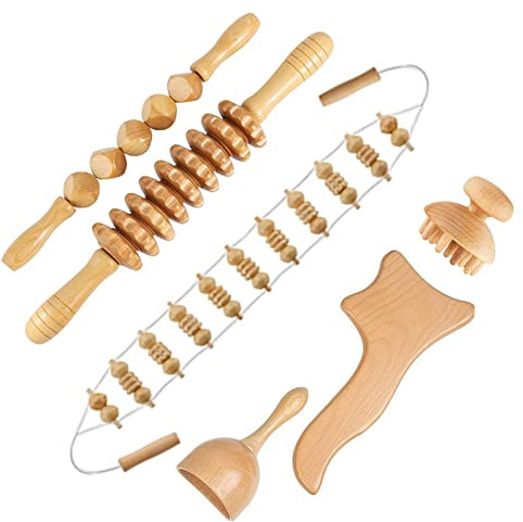 6-in-1 Massageroller Faszienroll Holz, Anti Cellulite Massagegerät, Massageroller Faszienrolle Gua Sha Becher Massage Set, Lymphdrainage Körper Massage Tools, für Nacken, Beine, Rücken, Körper