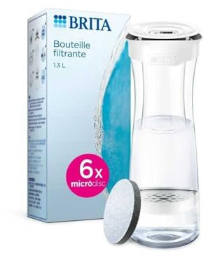 BRITA Bottiglia di filtro Bianca Grafite, riduce Cloro, Piombo e Altre impurità organiche per Acqua di Rubinetto Più Puro, 6 filtri MicroDisc Inclusi