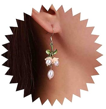 TseenYi Pearl Flower Dangle Earring Bell Orchid Drop Earring Gold Orchid Flower Pearl Earring Long Bell Orchid Dangle Earring Pearl Flower Wedding Earring Jewelry for Women and Girls