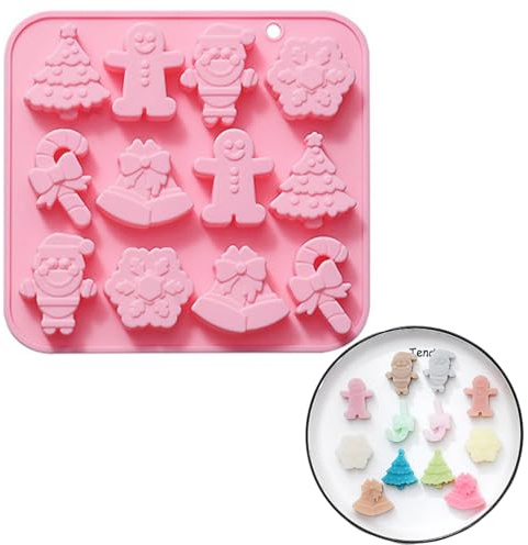 Christmas Chocolate Mould, 1 Pack 12-Cavity Xmas Tree Gingerbread Man Snowman Snowflake Cane Bell Silicone Moulds Jelly Moulds Cake Moulds for Xmas DIY Baking