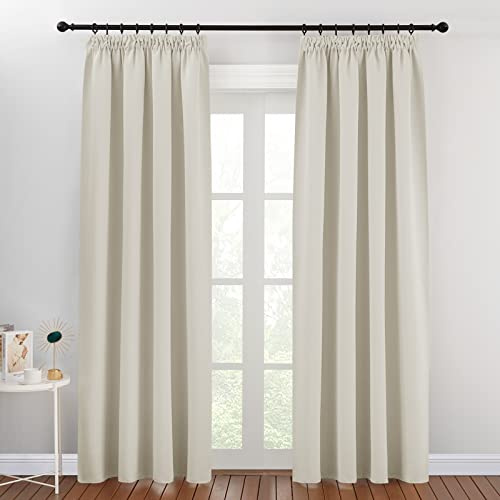 PONY DANCE Pencil Pleat Door Curtain Blackout - 2 Panels Thermal Insulated Curtains for Living Room Privacy Screen Heat Cold Blocking, 46 inch Width x 84 inch Drop, Light Beige