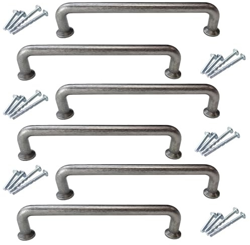 French Furniture Fittings Cupboard Handles, Set of 6 Door Handles, Antique Pewter, Cabinet Handles for Kitchen cupboards and Drawers (128mm Between fixings)