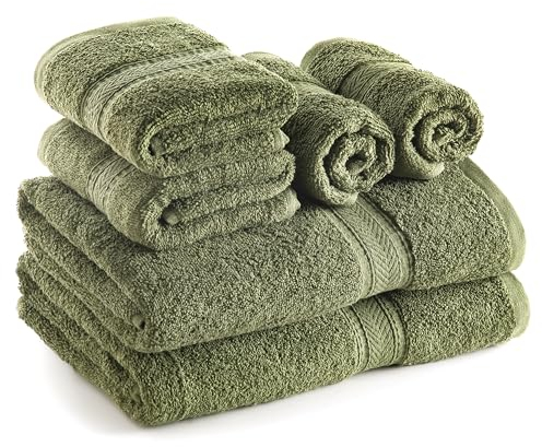 SweetNeedle 6 Piece Towel Set - 2 Bath Towels, 2 Hand Towels and 2 Washcloths Cotton Daily Use Hotel Spa Quality Soft Highly Absorbent Quick Dry Light Weight (Olive Green)
