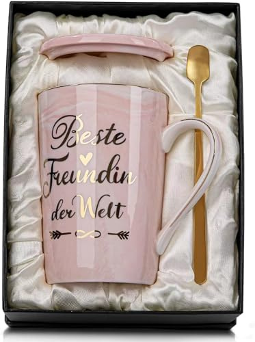 GogoTool Tasse Kaffeetasse, Porzellan, 400ml Tasse mit Spruch, Beste Freundin Geschenke für Frauen mit Deckel, Löffel, Geschenkbox Rosa