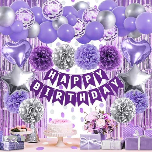 ZERODECO Lila Silber Geburtstagsdeko, Happy Birthday Girlande Violett Pompons Vorhang Luftballons Mädchen Geburtstagsdeko Frauen Damen Kindergeburtstag Deko Party Zubehör