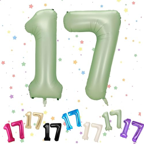 Ballons Anniversaire 17 Vert Sauge, Foil Ballon Numéro Chiffre 17, 101cm Vert Hélium Ballon 17. Anniversaire, Décoration Ballons 17 Ans pour Garçons Filles Anniversaires Fête Deco, Gonflable Hélium