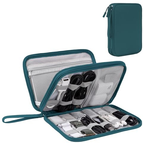 Arae Organizador de Cables para Viaje con Doble Capa - Bolsa Técnica Impermeable para Cargadores, Teléfonos, Auriculares, Tarjetas | Travel Essentials para Viajes Accesorios, L, Verde Oscuro | Organizador de cables, bolsa de viaje esenciales, accesorios electrónicos para cargador, USB, tarjetas SD
