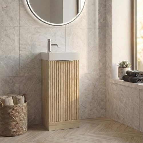 BAYSTONE® Fluted 400mm Bathroom Vanity Unit Ceramic Wash Sink, Cloakroom Storage Furniture Under Basin Cabinet Floorstanding Cupboard, Wood