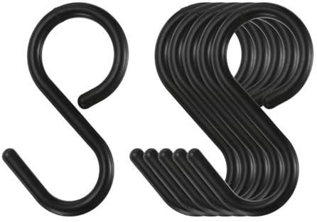 QUARKZMAN 6 Pcs Ganchos en S de 2.4 Ganchos en Forma de S Negro Plástico | Pequeños para Colgar en el Armario Ganchos para Barra para Colgar Utensilios de Cocina, , Tazas, Plantas