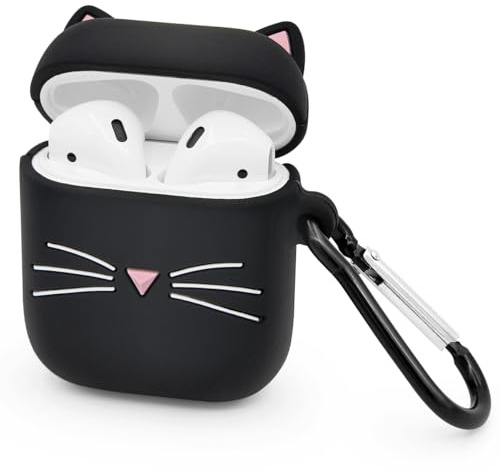 Mouzor Niedliche Airpods Hülle, Whisker Katzen Airpods 2 Hülle, 3D Tiere Schwarze Katze Kitty Airpod 1 Generation, 2 Generation Stoßfeste Silikon Ladehülle und Karabiner