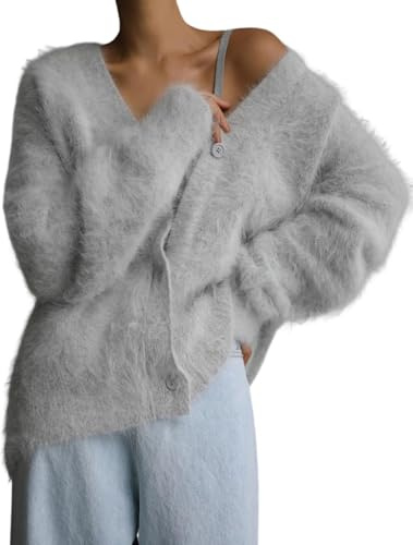 ZPLMIDE Lussuoso cardigan in cashmere, da donna, oversize, lavorato a maglia, tinta unita, soffice scollo a V, aperto sul davanti, elegante giacca calda
