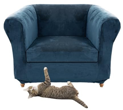 Chesterfield-Sofabezug mit Sitzkissenbezügen, Stretch-Samt, Vintage-Stil, für geschwungene Chaisel-Sessel (1 großer Sitz), Blau