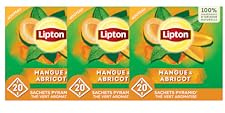 Lipton, Thé Vert, Thé Vert Aromatisé, Infusion à Froid ou Chaud, Goût Mangue & Abricot, Ingrédients d'Origine 100% Naturelle, 60 Sachets Pyramid
