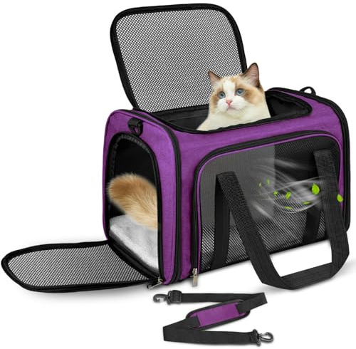 Lohofrnny Sac de Transport Chat, Sac Transport Chat Chien avec Matelas Souple, Sac Transport Chien Respirant et Pliable, Caisse de Transport Chat Respirant pour Petit Chien,Chat (Violet, 50x34x34cm)