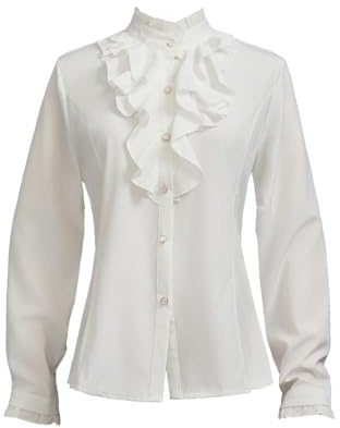 Taiduosheng Camisas Vintage Victorianas para Mujer, Tops de Manga Trompeta, Cuello Alto, Blusa con Volantes y Botones, Blanco 3, L
