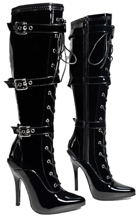 Bismaa Womens High Heel Lace Up Boots With 3 Buckles - Ladies Kinky Fetish Stiletto Heel Full Side Zip Knee High Boots For Women Size UK 3-12