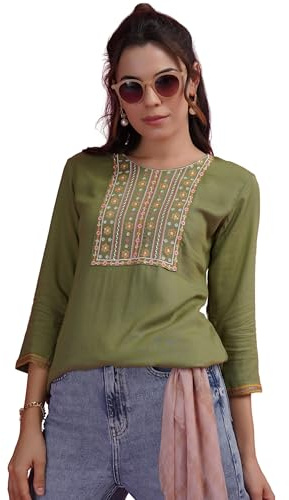 EthnicJunction Women's Cotton Rayon Regular Fit Embroidery Patch Work Short Kurti | Top for Office | Tunics Tops | Summer Kurti | Kurta Shirt Top | Short Kurti, Dusty Green, M