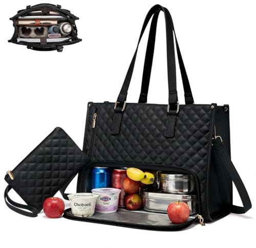 LIAMERHE Lunchtasche für Frauen 15,6 Zoll Laptop-Tasche mit isoliertem Lunchfach Große Tragetasche mit Lunch-Fach 2 in 1-Tragetasche Lunchtasche Kombination für Unterwegs Arbeit Büro