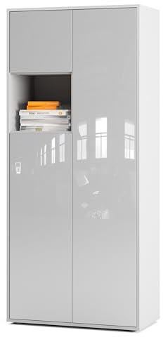 SIMPLYFURN Büroschrank Amira T10, Weiß/Weiß Hochglanz, 180x80x40 cm | Offenes Fach, Push-to-Open, Aktenschrank und Mehrzweckschrank für Homeoffice