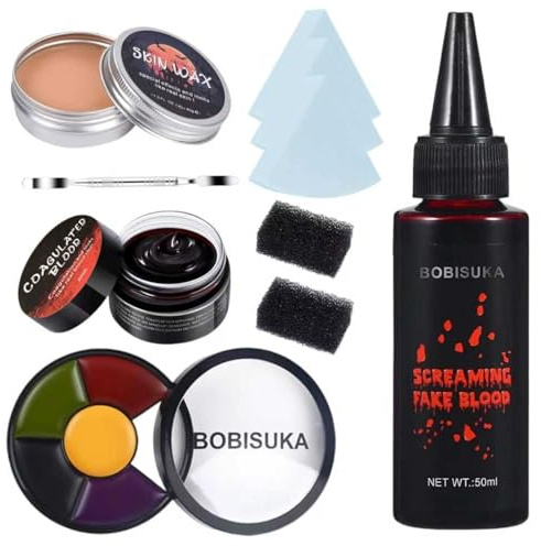 KOMEIYL 10pcs Halloween Kunstblut Schminke Set, Wunden Make up Set, Zombie Schminke Set, 1 Plasma + 1 künstliche Narben Wachs + Blutsalbe +1 Farben +5 Schwamm + 1 Spatel für Halloween Party