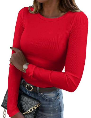 Zeagoo Langarmshirt Damen Slim Fit Basic T-Shirts Rundhals Stretch Pullover Elegant Gerippt Oberteil Casual Einfarbig Tops Rot M