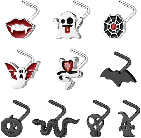 BodyAce Halloween Nose Ring Black Nostril Rings 20G Nose Studs Stainless Steel Nostril Stud L Shaped Bat Nose Piercing Skulls Pumpkins Halloween Jewellery [A:L-Shaped]