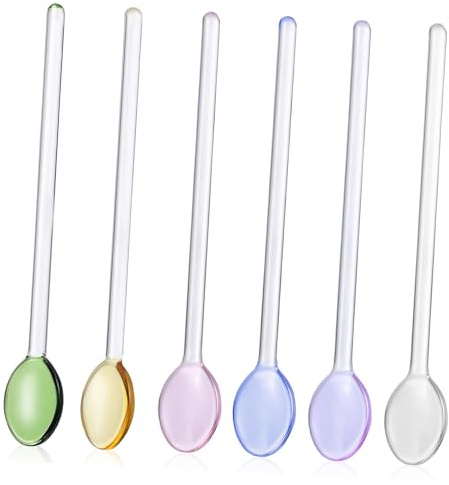 UKCOCO 6 piezas Cucharas de Vidrio Largas para Café y Postres Colores Vibrantes Agitadoras Resistentes Aptas para y Servir Bebidas y Salsas