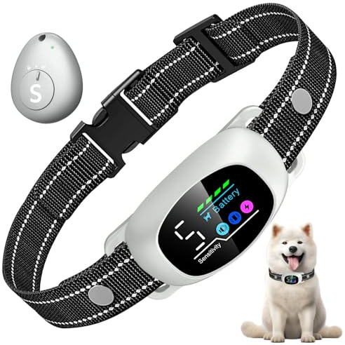 Collare Antiabbaio per Cani,Telecomando Funzione Antiabbaio,5 Livelli Sensibilità,Suono + Vibrazione,Adatto a Cani,Grande, Piccola e Media