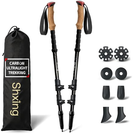 Shxing Bastones Trekking de Carbono (Pack de 2), 200 g c/u, Telescópicos Ajustables 62-135 cm, Mango de Corcho + Extensión EVA, Bastones de Senderismo para Hombre y Mujer, con Bolsa y Accesorios