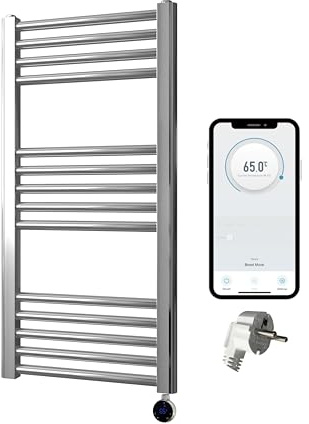 Greened House Electric WiFi Heated Towel Rail Chrome 500mm W x 800mm H Smart Flat 7 Day Programmable Timer App Compatibility (EU)