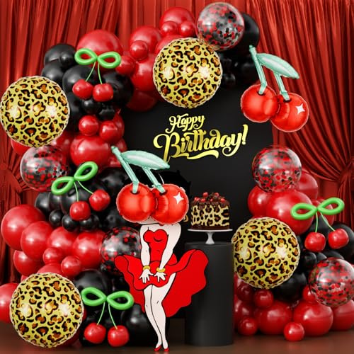 JOGAMS 174 piezas de decoración de fiesta de Betty, estampado de guepardo rojo y negro, decoraciones de fiesta con confeti, cereza, guepardo, verde, 260 globos para despedida de soltera, cumpleaños