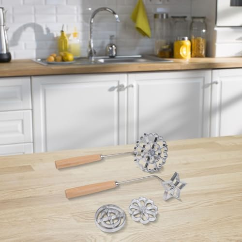 Niceminiwall 6 Pcs Rosette Iron Moulds Set with Handle for Bunuelos, Aluminum Alloy Cooking Stamp Maker Kit with 2 Handles and 4 Moulds, Includes Flower