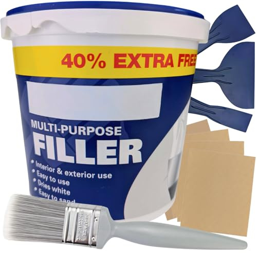 Ready Mixed Plaster & Wall Filler Repair Kit | White, Fills Holes & Cracks in Walls & Ceilings | 1.4kg Ready Mixed Filler, 3 Scrapers, 4 Sanding Sheets & Brush