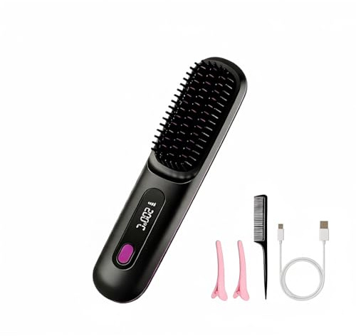Cepillo Alisador de Pelo Eléctrico 3 en 1 Inalámbrico – Alisador de Pelo Profesional con Pantalla LED, Protección de Cerámica, Recargable por USB para Cabello Corto y Largo, Portátil para Viaje