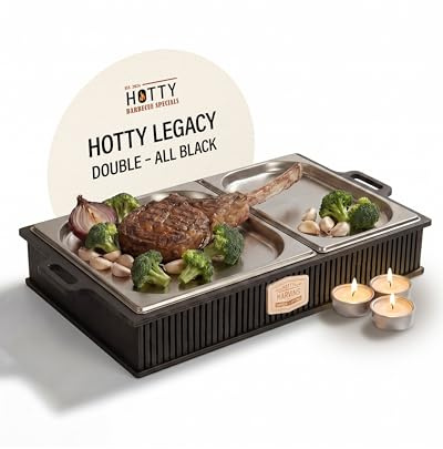 HOTTY Legacy Warmhalteplatte fürs Grillen – BBQ-Design Speisenwärmer mit personalisierbarem Batch – Stövchen für Grillgut mit Kerzen – Personalisiertes BBQ-Board für Grillpartys (All Black, L)