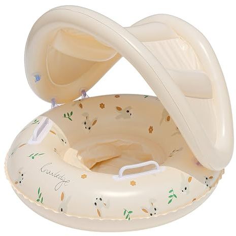 Galleggiante da piscina per bambini con tettuccio - Sedile da nuoto gonfiabile per neonati con stampa di orsi retrò con parasole e maniglie, multicolore