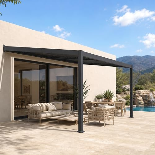 PURPLE LEAF Pergola Bioclimatica Adossata 2,5 x 3,65 m in Alluminio, Struttura Rinforzata e Salvaspazio Pergola Adossata Impermeabile con Lame Orientabili, per Giardino e Terrazza, Grigio