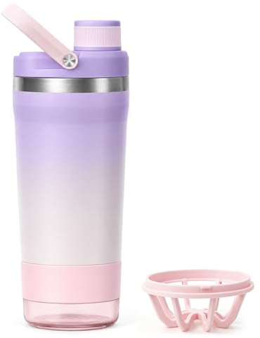 Shaker Inox 700ml, Shaker Proteine avec Compartiment Amovible, Anti-fuite | Shaker en Acier avec Tamis de Mélange Sans Bruit, Double Paroi, Sans BPA, pour Bureau et Gym, Lilas Rose
